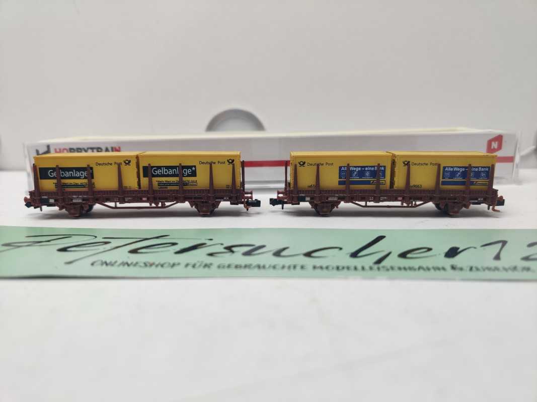 Hobbytrain N DC 497836 / 2-teiliges Güterwagen-Set /der Bauart Kbgs 442 / Post-Containern / OVP