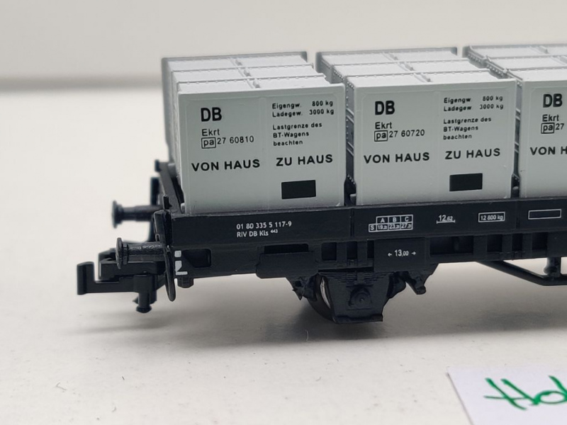 Hobbytrain N DC H23806 Niederbordwg + Behälter "Haus zu Haus" Kls443 / NEM / DB