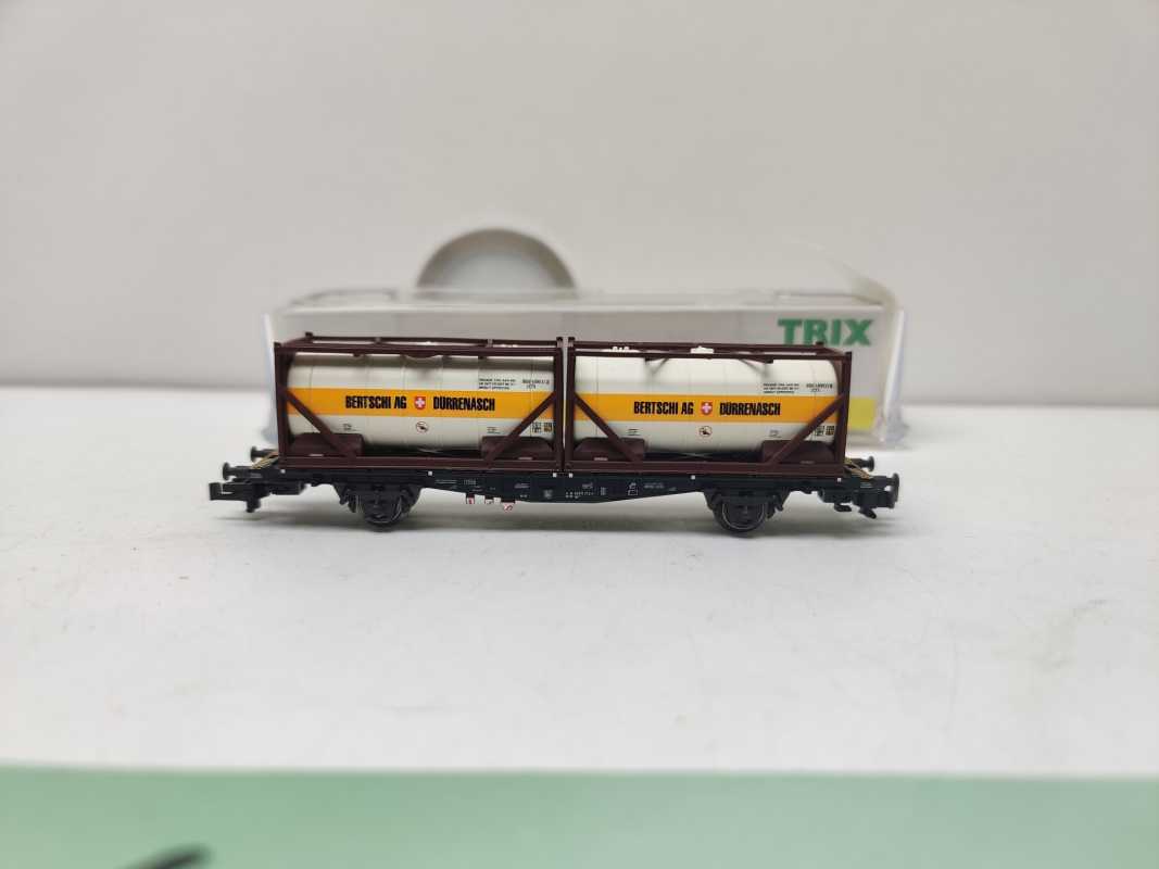 Mini Trix N DC 15257-8 / 2-achsigen Einheitstaschenwagen / Sdgkms 707 / DB AG / „BERTSCHI AG“ / OVP