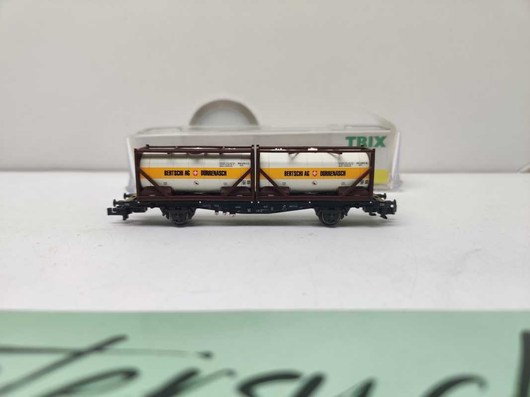 Mini Trix N DC 15257-8 / 2-achsigen Einheitstaschenwagen / Sdgkms 707 / DB AG / „BERTSCHI AG“ / OVP