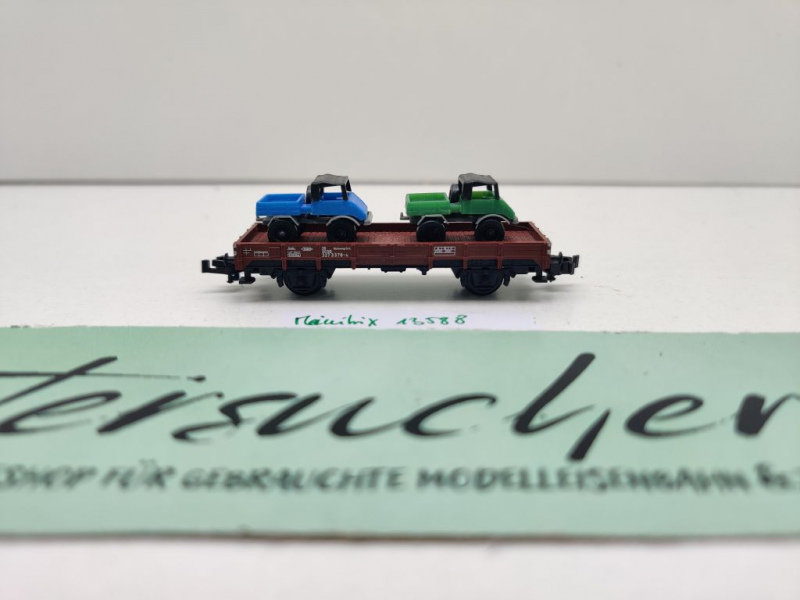 Minitrix N DC 13588 ex 51358800 Niederbordwagen + 2 Unimog Kklmmp514 / DB