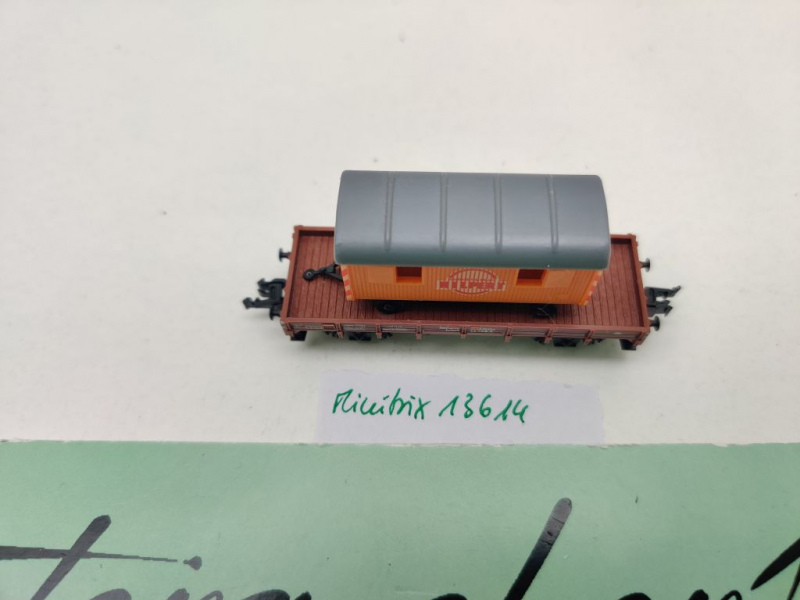 Minitrix N DC 13614 ex 51358830 Niederbordwagen + Bauwagen "Hilpert" Xf / DRG
