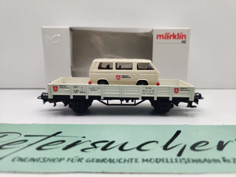 Märklin H0 AC 4423-34 Niederbordwagen "Malteser" & VW Bus / NEM / DB / OVP weiß
