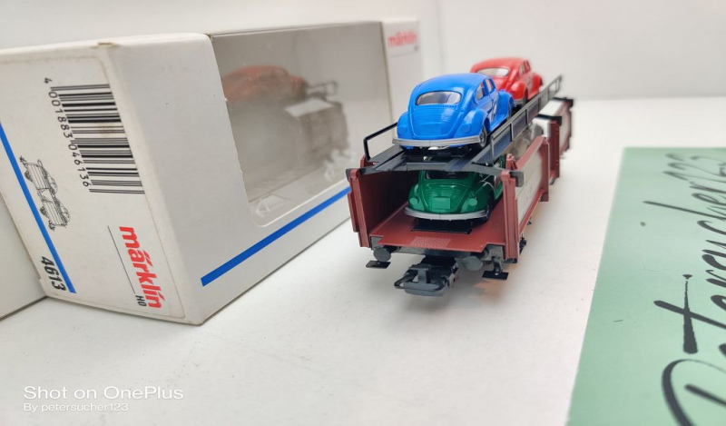 Märklin H0 AC 4613 Autotransportwagen / 4 Käfer / Laaes 541 / DB / OVP weiß