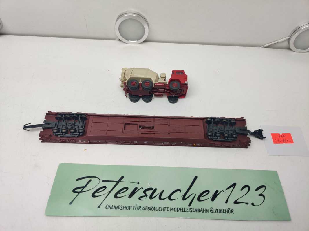 Märklin H0 AC 4740 Niederflurwagen "Rollende Landstr." / Saadkms 690 / DB / LKW - Betonmischer
