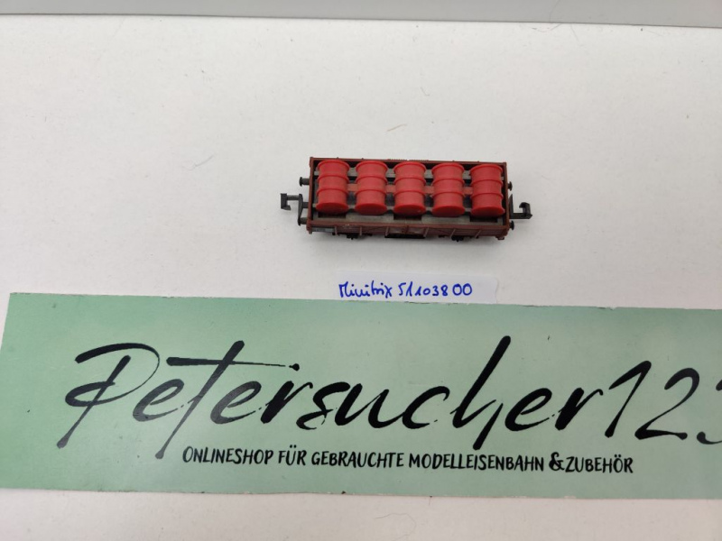 Minitrix N DC 51 1038 00 Mittelbordwagen / rote Fässer / Omm32 / DB