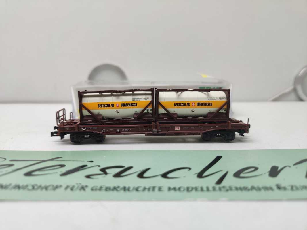 Mini Trix N DC 15257-1 / 4-achsigen Einheitstaschenwagen / Sdgkms 707 / DB AG / „BERTSCHI AG“ / OVP
