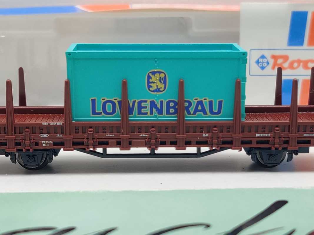 Roco N DC 25913 Rungenwagen mit Container "Löwenbräu" Kbs442 / DB / OVP
