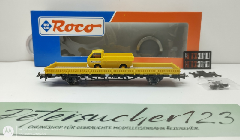 Roco H0 DC 46813 Rungenwagen mit VW Bus Pritsche "H.F.Wiebe" / NEM / DB / OVP