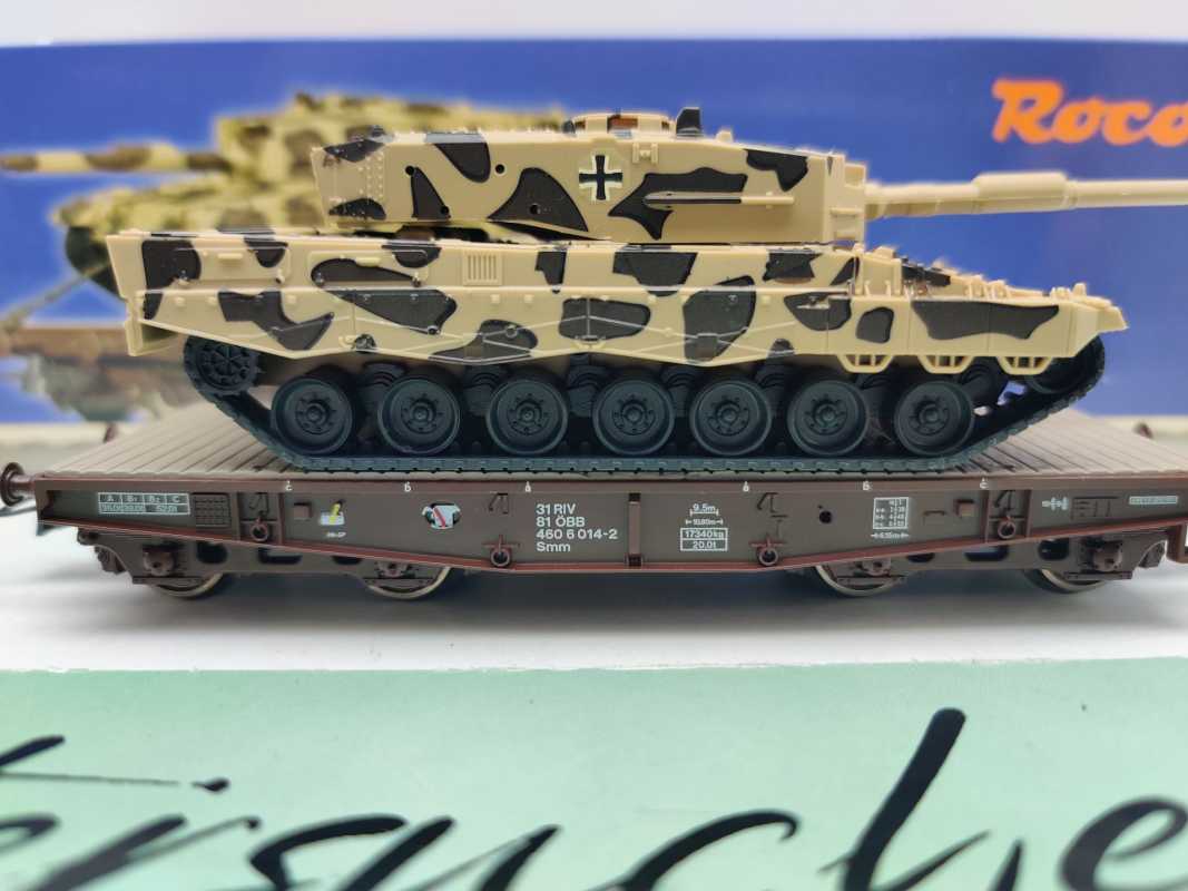 Roco H0 DC 67476 Schwerlastwagen Smm Leopard 2A4 " Leopradine" / NEM / ÖBB / OVP