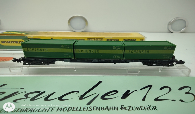 Mini Trix N DC 3503 Tragwagen mit Container Schenker DB Grün OVP